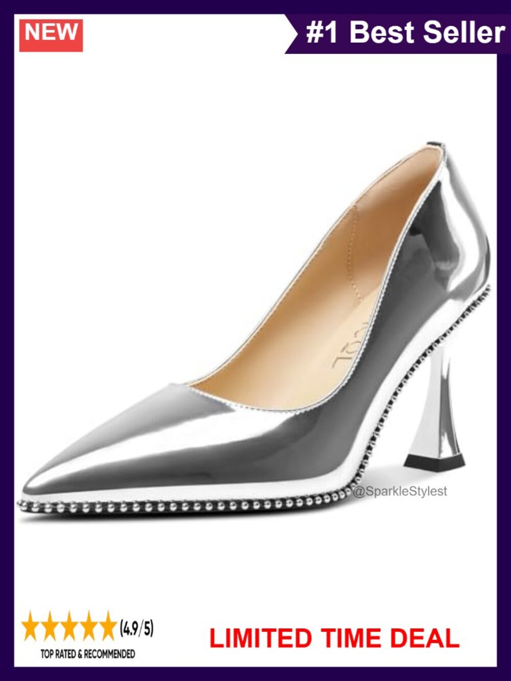 Women's Pointed Toe Kitten Heel Patent Leather Slip-On Pumps Beaded Party Heels